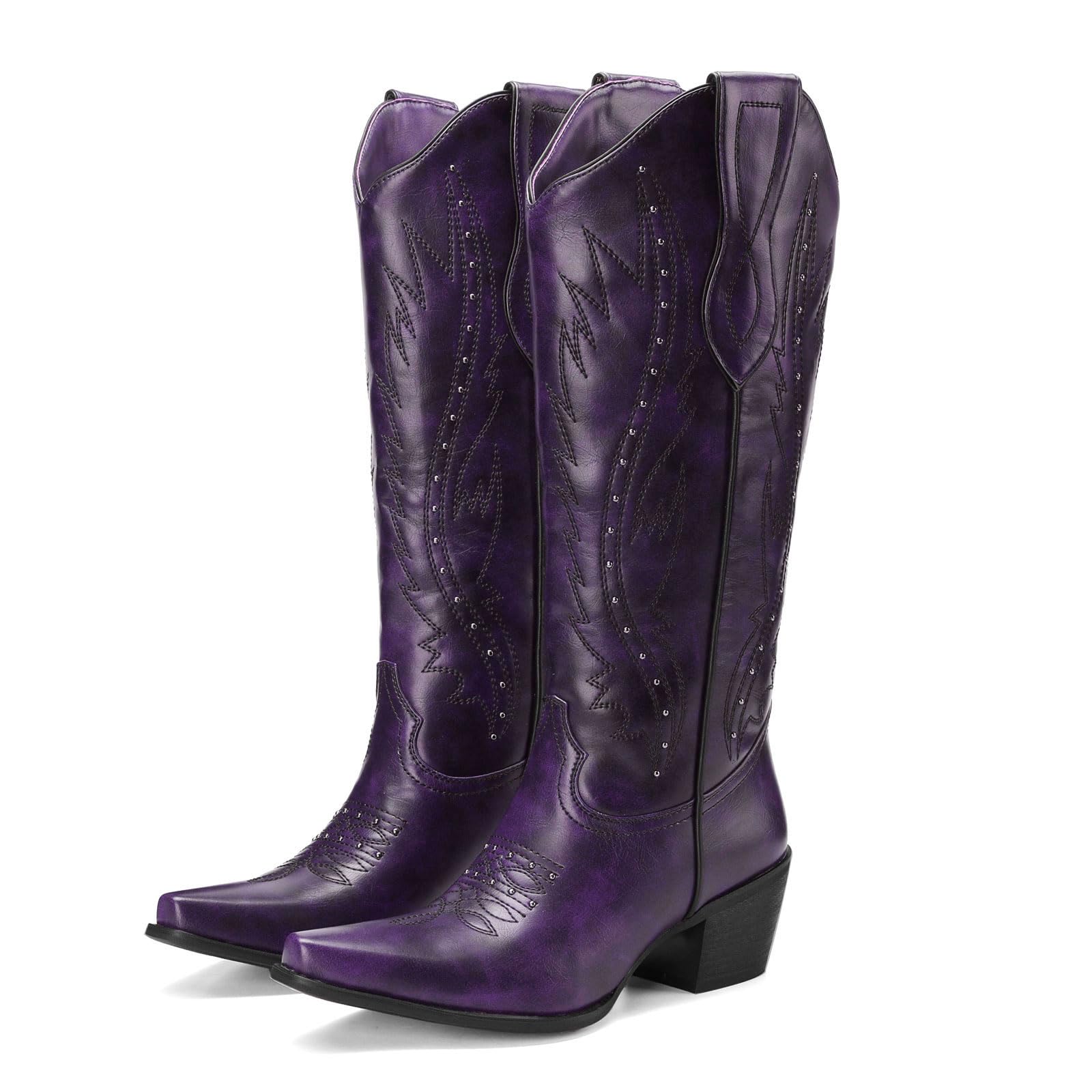 Womens Vintage Embroidered Rivet Snip Toe Cowgirl Chunky Heel Mid Calf Western Boots Fashion Studded Square Toe Pull