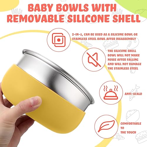 Vista 30 de Nuogo 6 cuencos de acero inoxidable 304 para bebés con carcasa de silicona extraíble para niños pequeños, recipiente antiquemaduras para Color suave