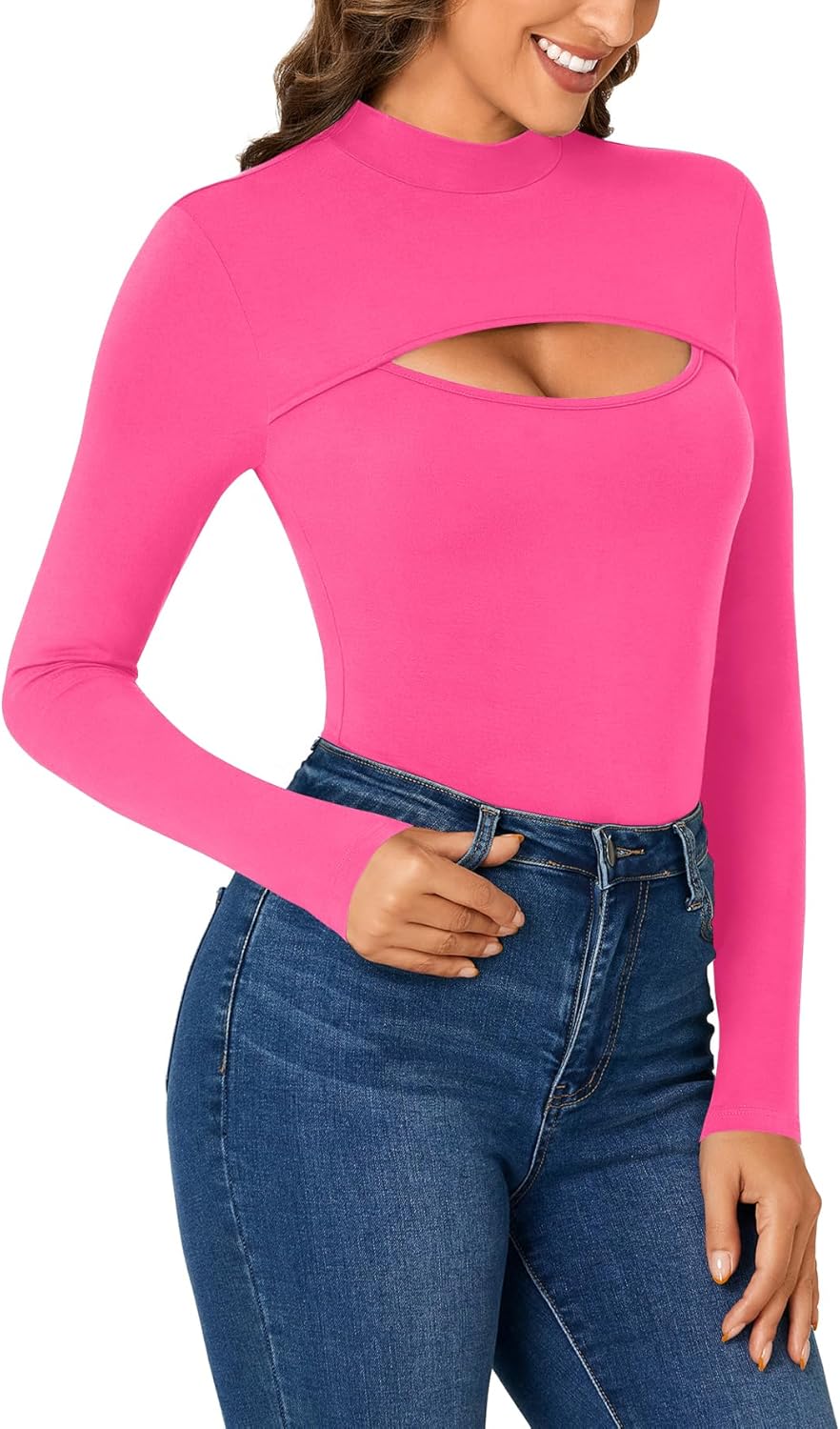 LYANER Women's Mock Neck Sexy Cutout Front Long Sleeve Slim Fit Bodysuit Leotard Top - Image 4