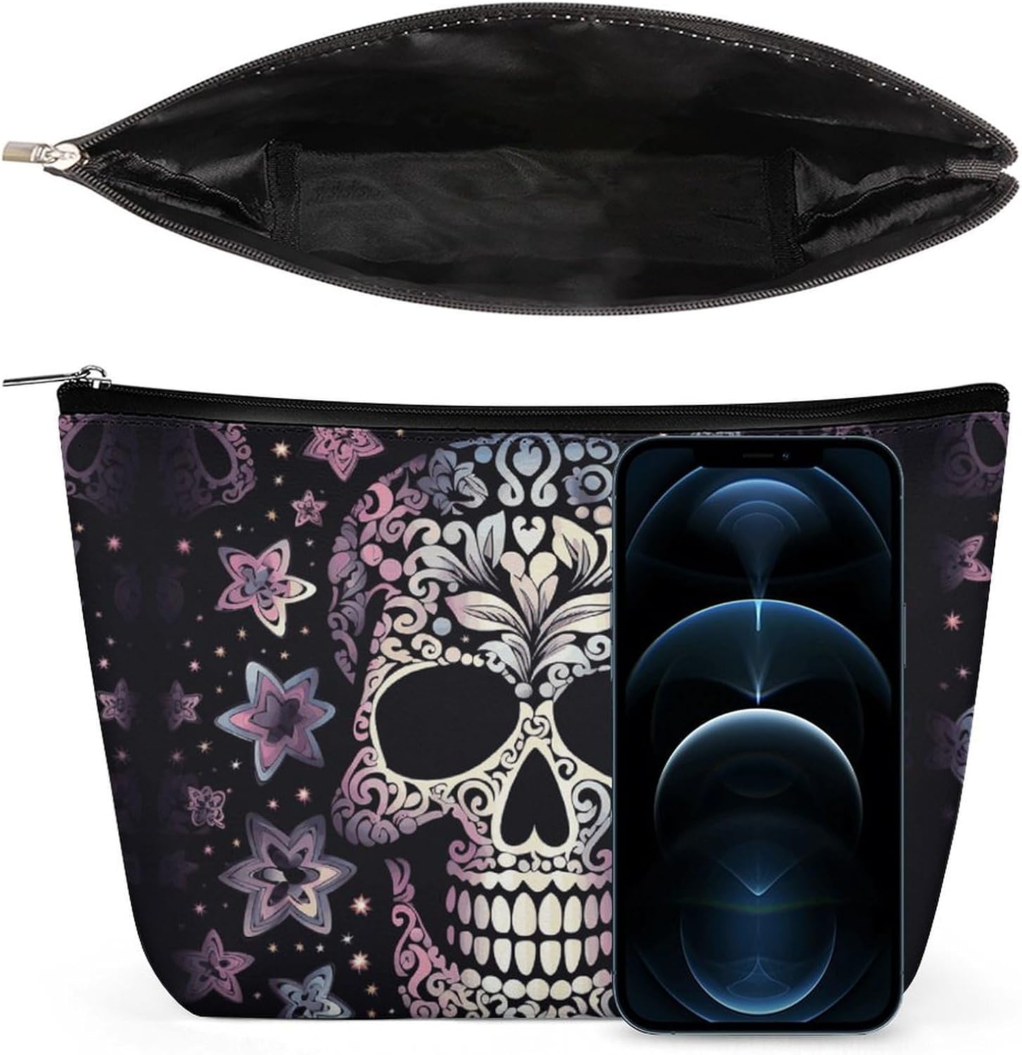 Large Capacity PU Leather Toiletry Bag,Cool Skull Printed Portable Toiletry Bag Women's Travel Storage Bag Cosmetic Storage Bag for Travel Vacation Bathroom Dating Party image 3