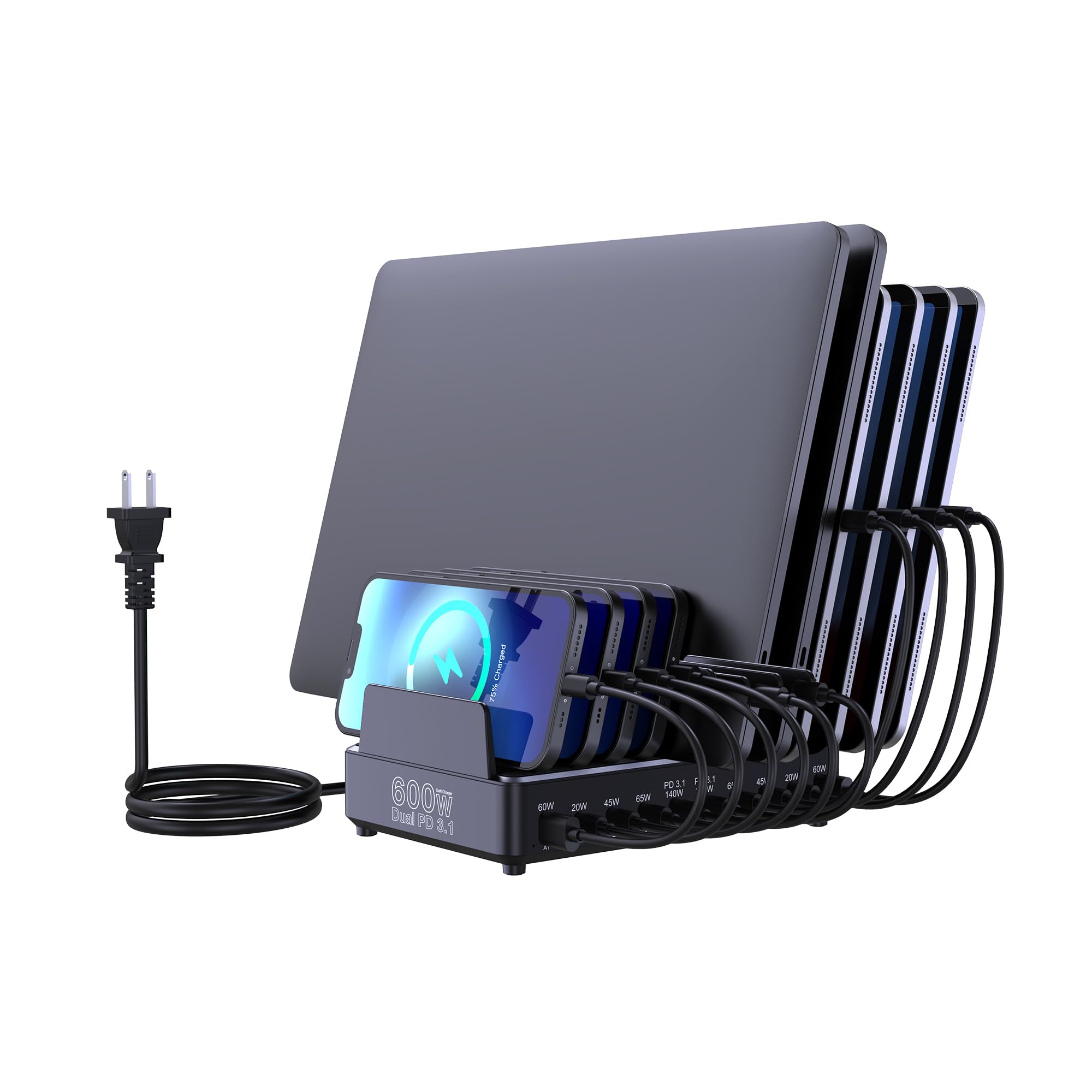 Aftertop 600W USB C Charging Station for Multiple Devices, 10 Ports PD3.1 140W PPS 45W QC60W Fast Charging Block for MacBook Pro Laptop, iPad, iPhone 16 15 Pro Max, Galaxy S24/S23 Ultra etc