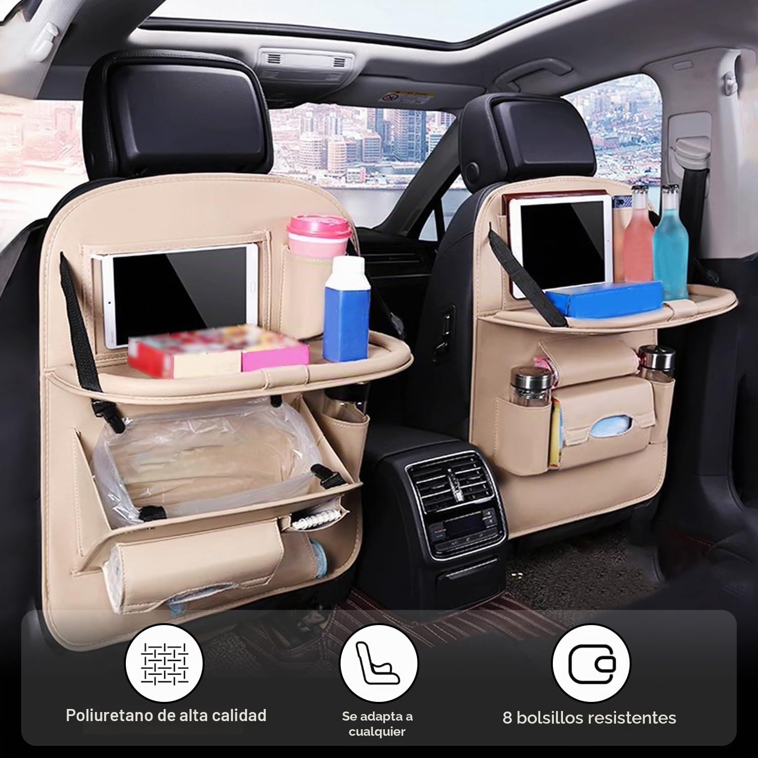 2 pzs Organizador de Asiento de Coche, Protector de Asiento Trasero de Coche, PU Impermeable Anti Calcio Multifuncional, con Compartimento Plegable para Tablet, 8 Bolsillos, Beige