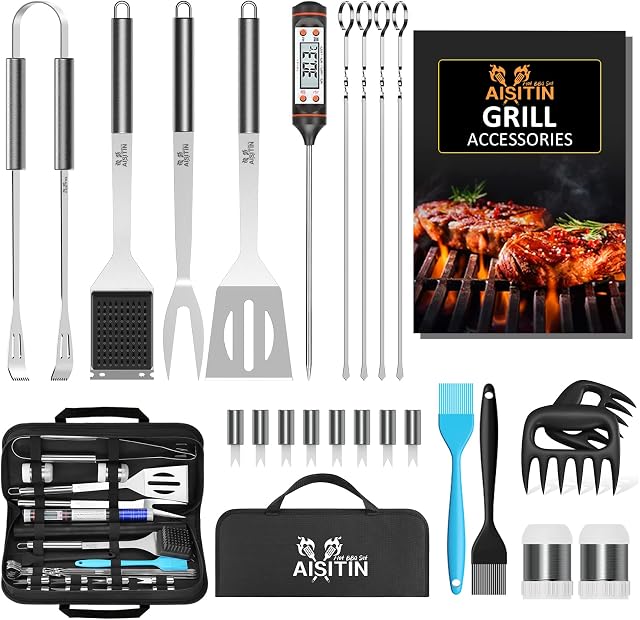 AISITIN BBQ Accessories 25PCS BBQ Grill Tool Set Stainless Steel, Outdoor Party Professional Barbecue Grill Tools Kit for Men and Woman, Ideal BBQ Gift on Father's Day Christmas Birthday