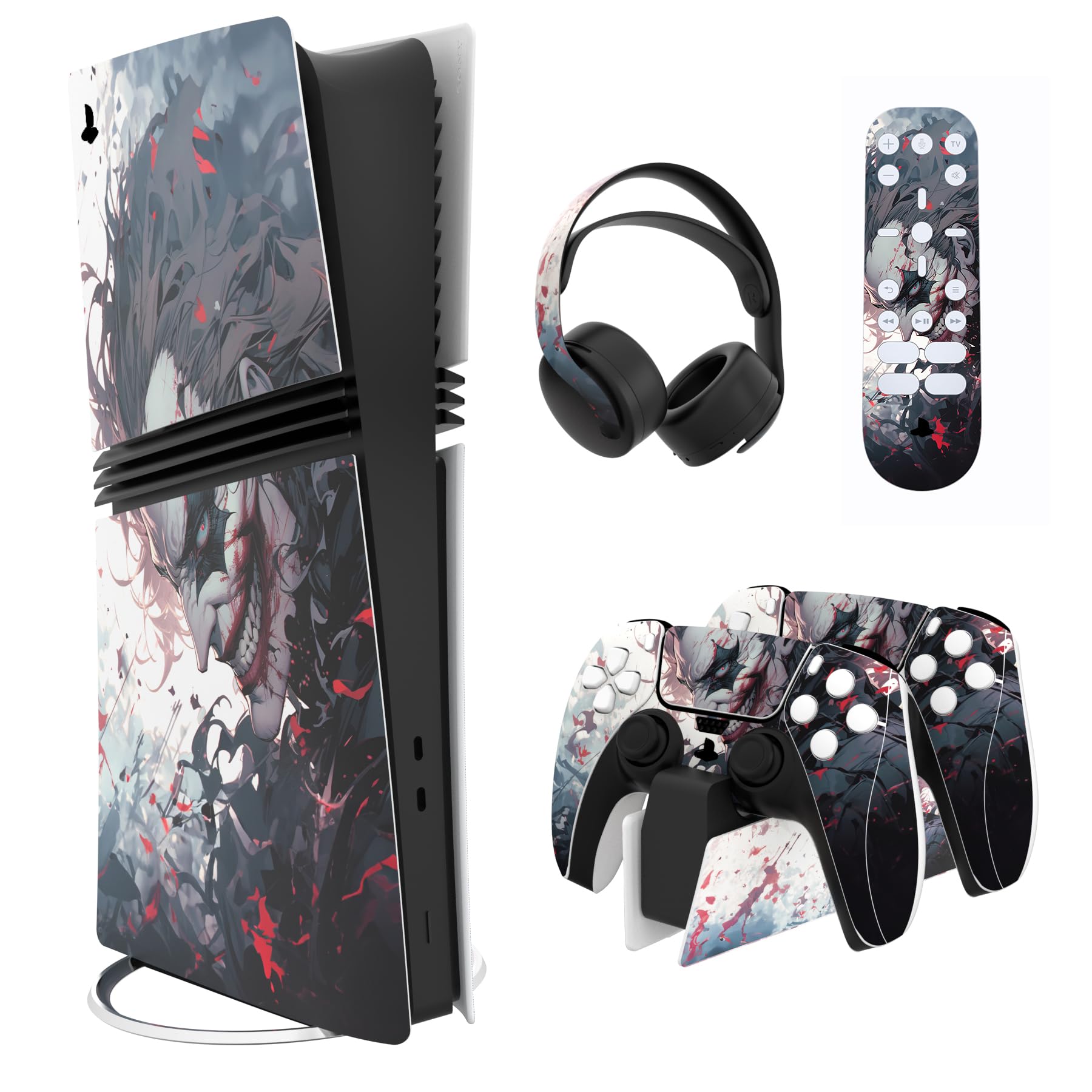 PlayVital Pegatina Completa para ps5 Pro Consola Digital & Disc - Vinilo Calcomanía Adhesiva para Mando, Auriculares, Estación de Carga y Control Remoto, Accesorios Protector Decal (Payaso Asesino)
