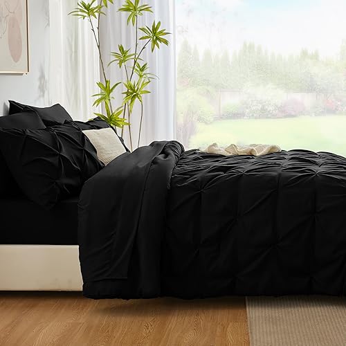 Miniatura 9 de CozyLux Juego de edredón de 7 piezas tamaño matrimonial, color negro, ropa de cama plisada en una bolsa, juego de ropa de cama plisada con edredón