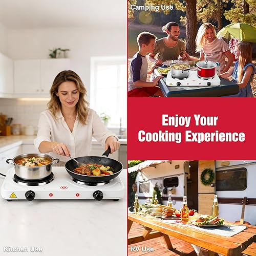 Miniatura 7 de Encimera eléctrica doble quemador, placa de cocina de 2000 W con placa caliente de hierro fundido, control de temperatura de 5 niveles, fácil de