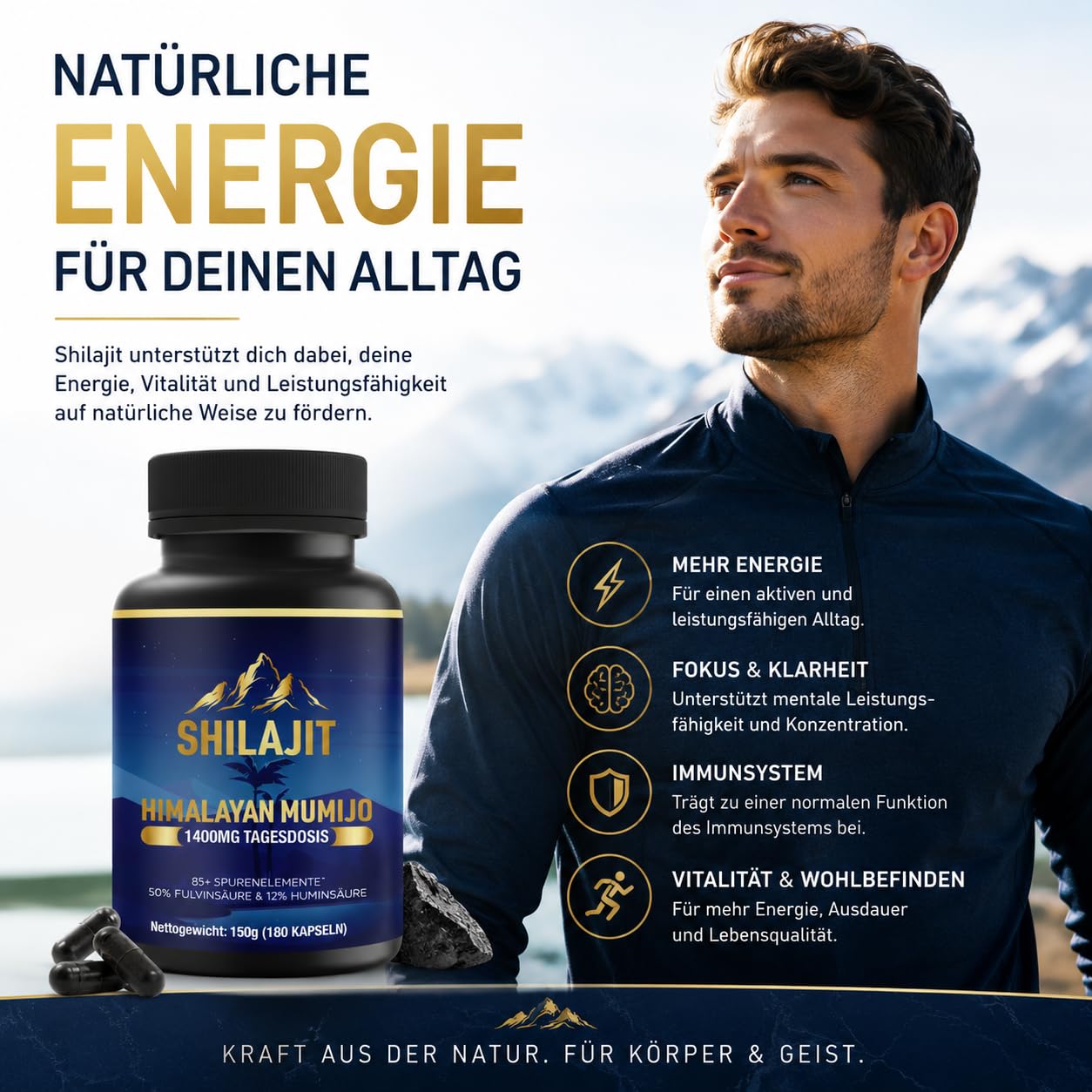 Shilajit Mumijo Kapseln – Himalaya Shilajit Extrakt – 180 vegane Kapseln – mit Fulvinsäure, Huminsäure, Mineralien & Spurenelementen