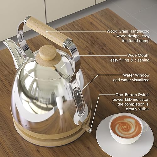 Miniatura 5 de Hervidor eléctrico para café y té - Caldera de agua de 1.7 L de 1500 W de ebullición rápida, nivel visual de agua, filtro extraíble, luz indicadora