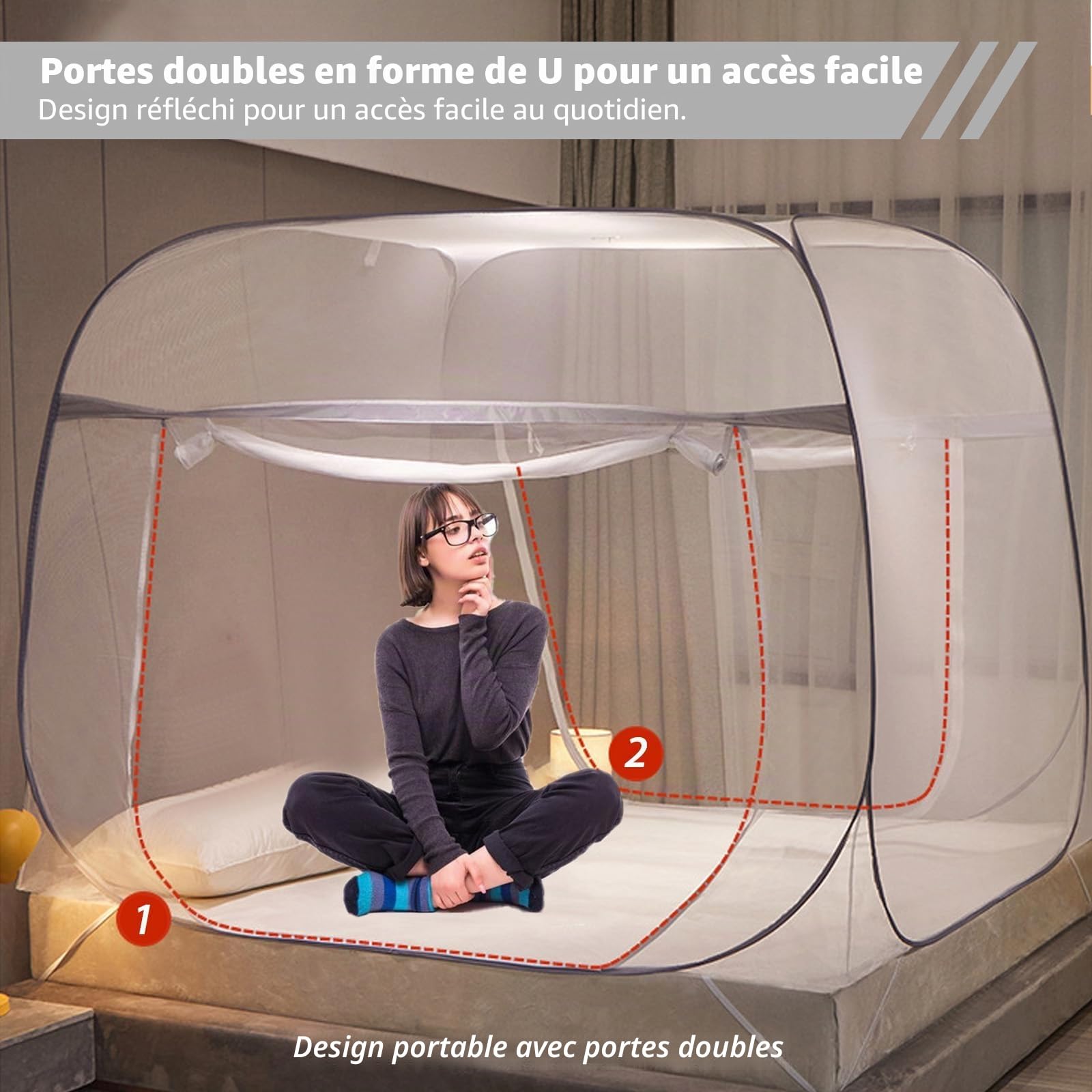 Moustiquaire de lit pop-up double porte - Moustiquaire pliable avec fond - Tente anti-moustiques à double porte - Tente de camping pour chambre à coucher, extérieur et camping (200 x 180 x 145 cm)