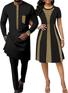 African Attire for Couple Women Print Wax Crew Neck Dress with Men Dashiki Long