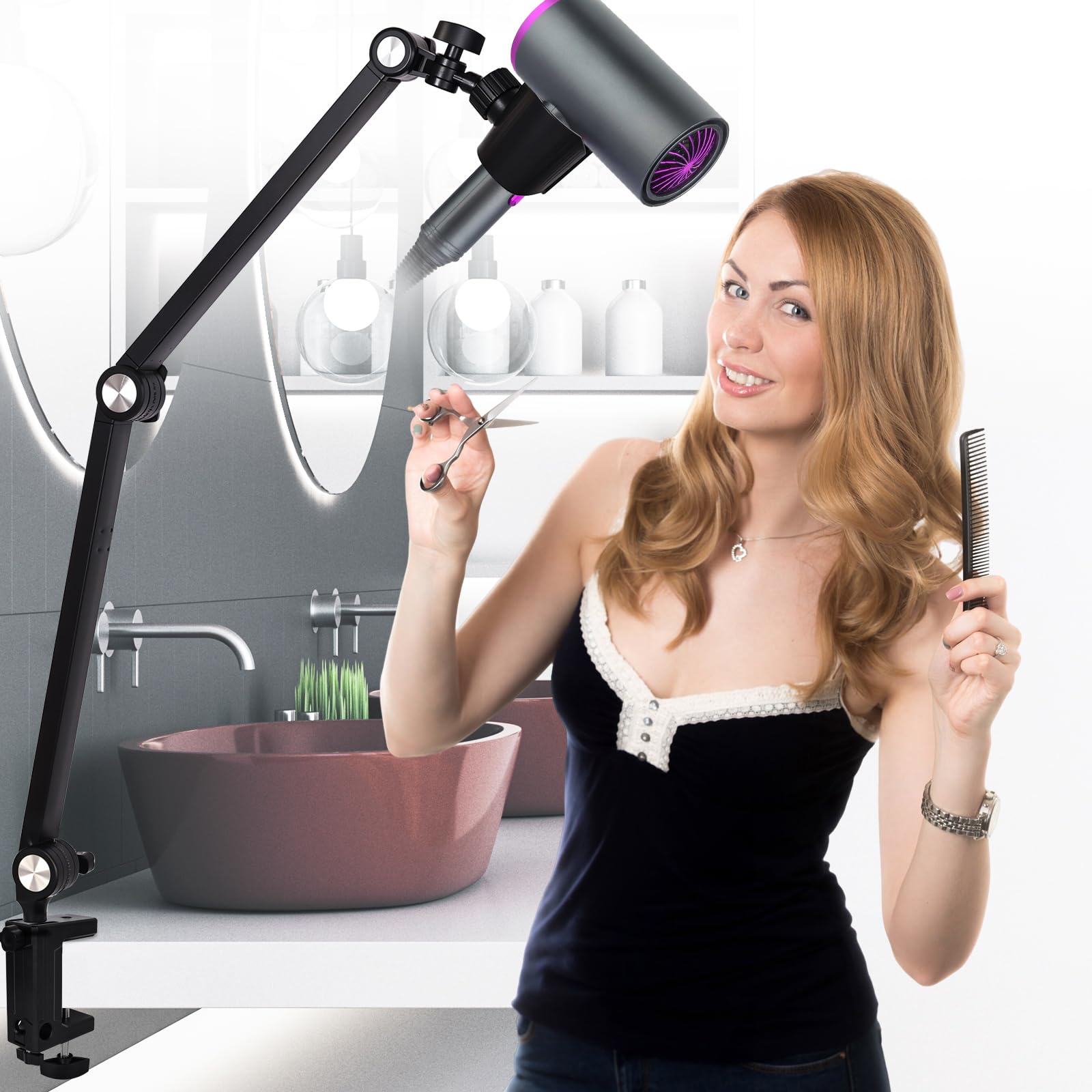 Hivexagon Hair Dryer Clamp Stand - Multi Angle Adjustable Stand, Multifunctional Stand, Carbon Alloy Arm, Plastic Base Mount, Allow You to Dry Hair Hand Freely