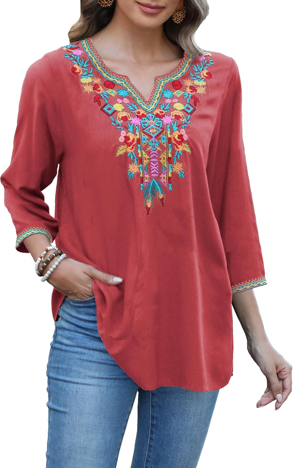 Grosy 3/4 Sleeve Embroidered Mexican Tunic Tops for Women Plus Size Boho Peasant Blouses Bohemian Tunics Hippie Shirts
