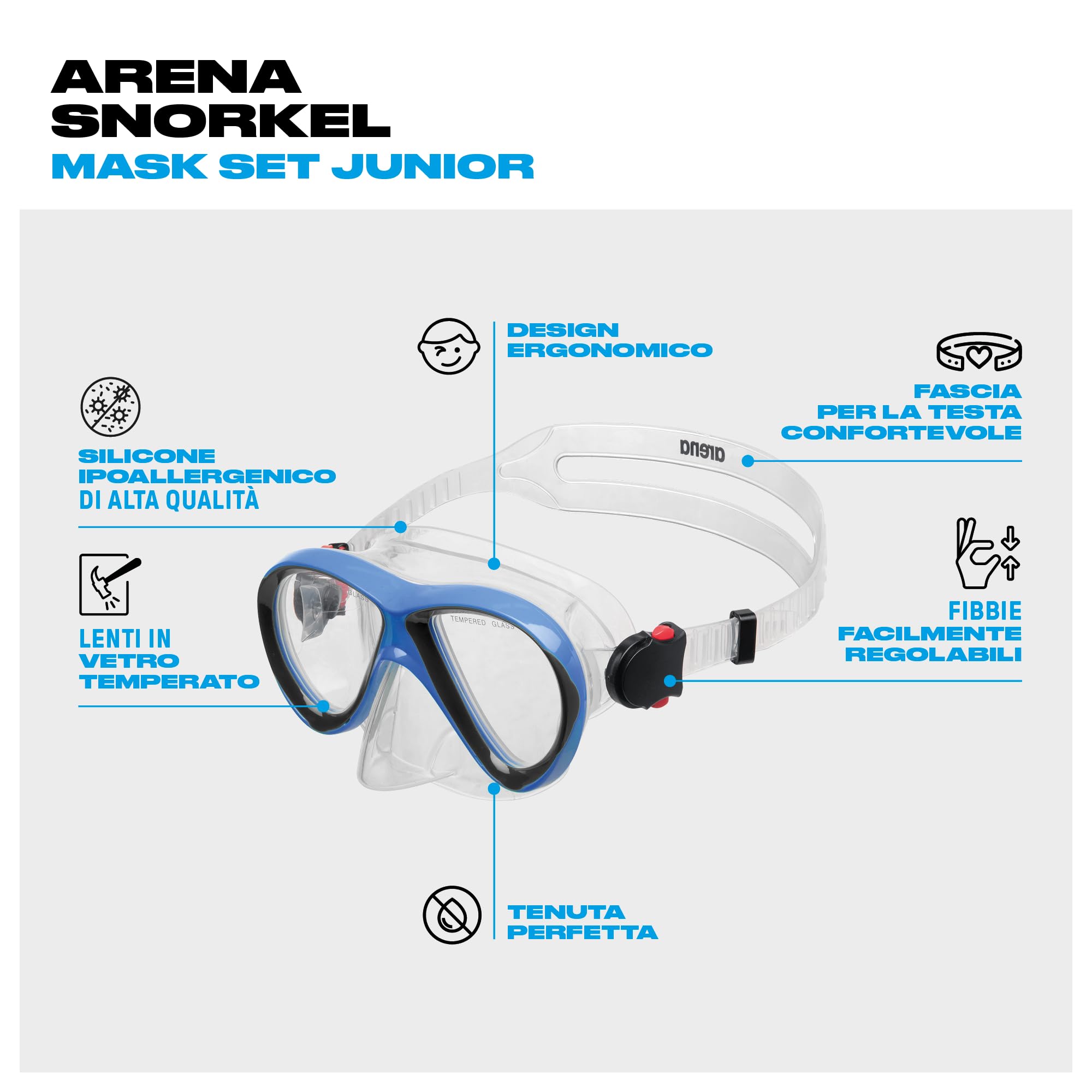 Arena Set Maschera e Boccaglio Bambini Snorkeling con Tecnologia Anti-Infiltrazione, Silicone Ipoallergenico