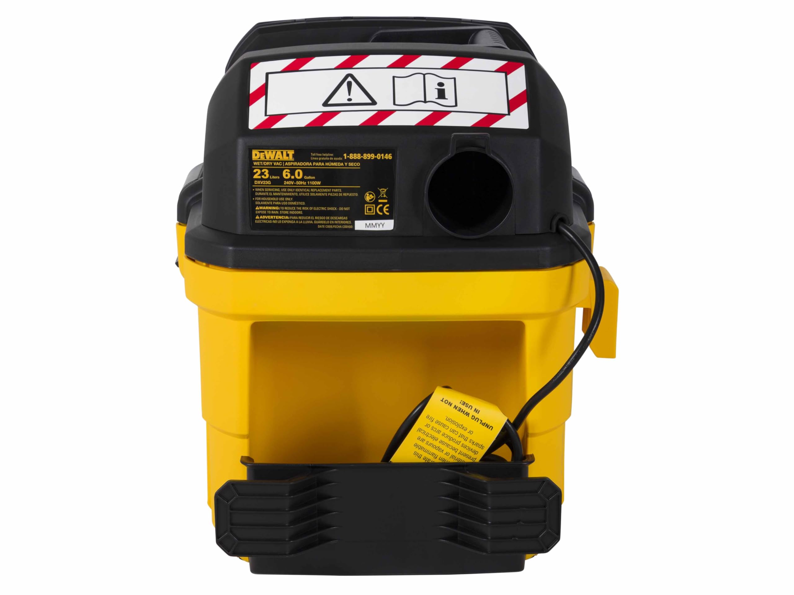 DEWALT DXV23GA Garaż Wet & Dry Vacuum ma mocny silnik generujący moc ssania 12 kPa. Idealny do codziennego czyszczenia w garażu/warsztacie i wokół niego. Duży włącznik/wyłącznik ma