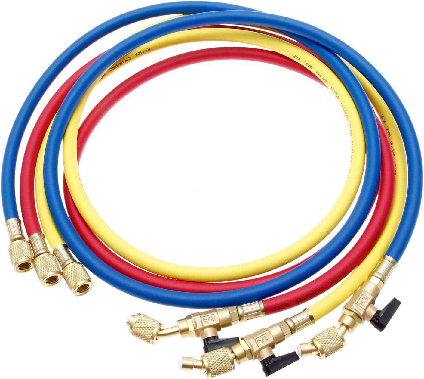 Refrigerant Charging Hose Ball Valve, 3 Colour 60" AC 1/4 SAE 800-4000 PSI High Pressure Thread AC Refrigerant Charging Hose for R410A R134A R410 R12 R22 Air Condition Maintenance