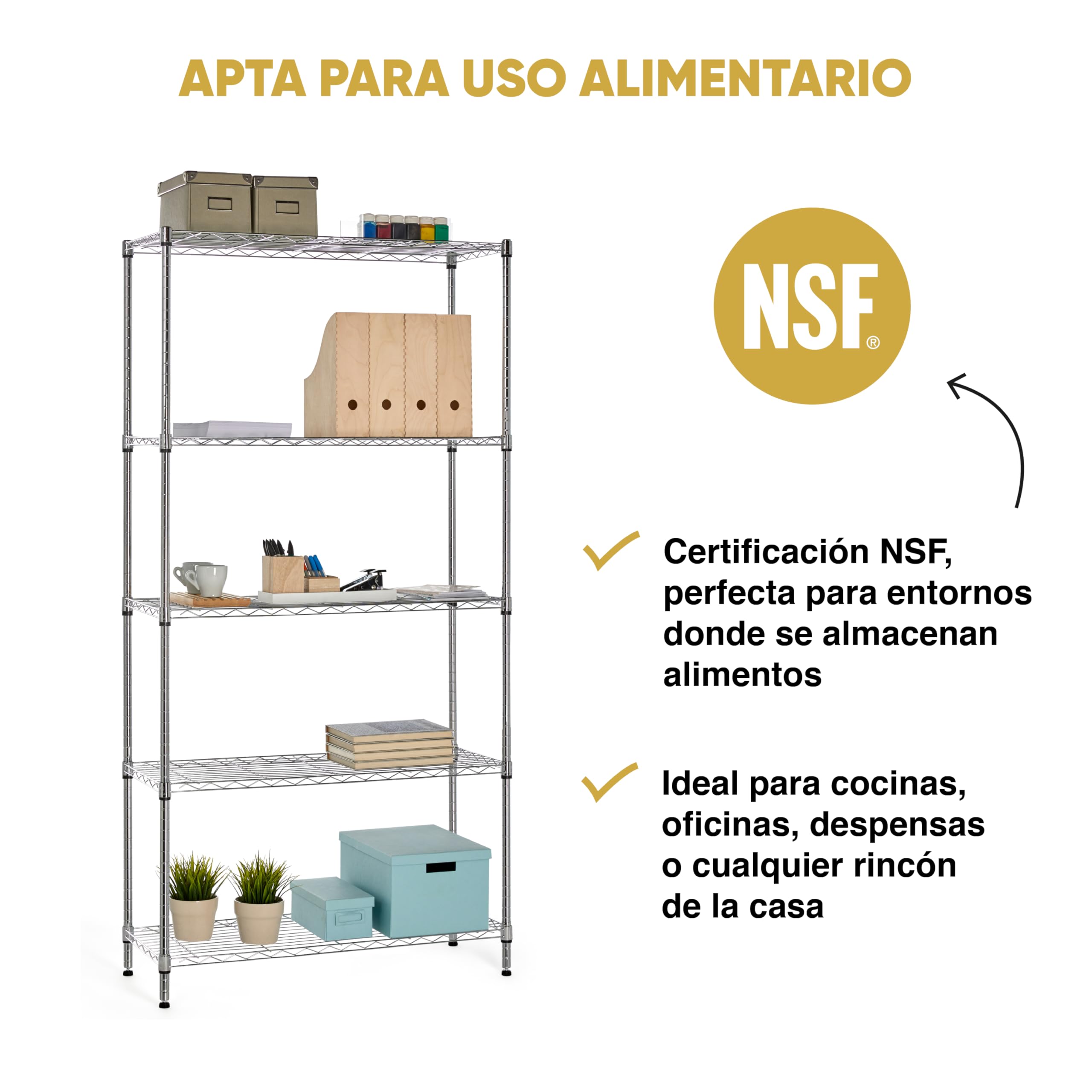 KITHOME - Estantería Metálica Decorativa de Acero Cromado y 5 Baldas, 180x90x35cm