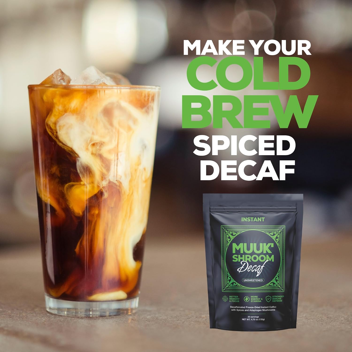 MUUK' SPICED DECAF | Decaffeinated Mushroom Coffee | Cacao, Cinnamon & Cardamom | Adaptogen Mushroom Blend | Better Focus, More Energy and Stronger Immune Defense | 4.7oz (135g) 30 Servings