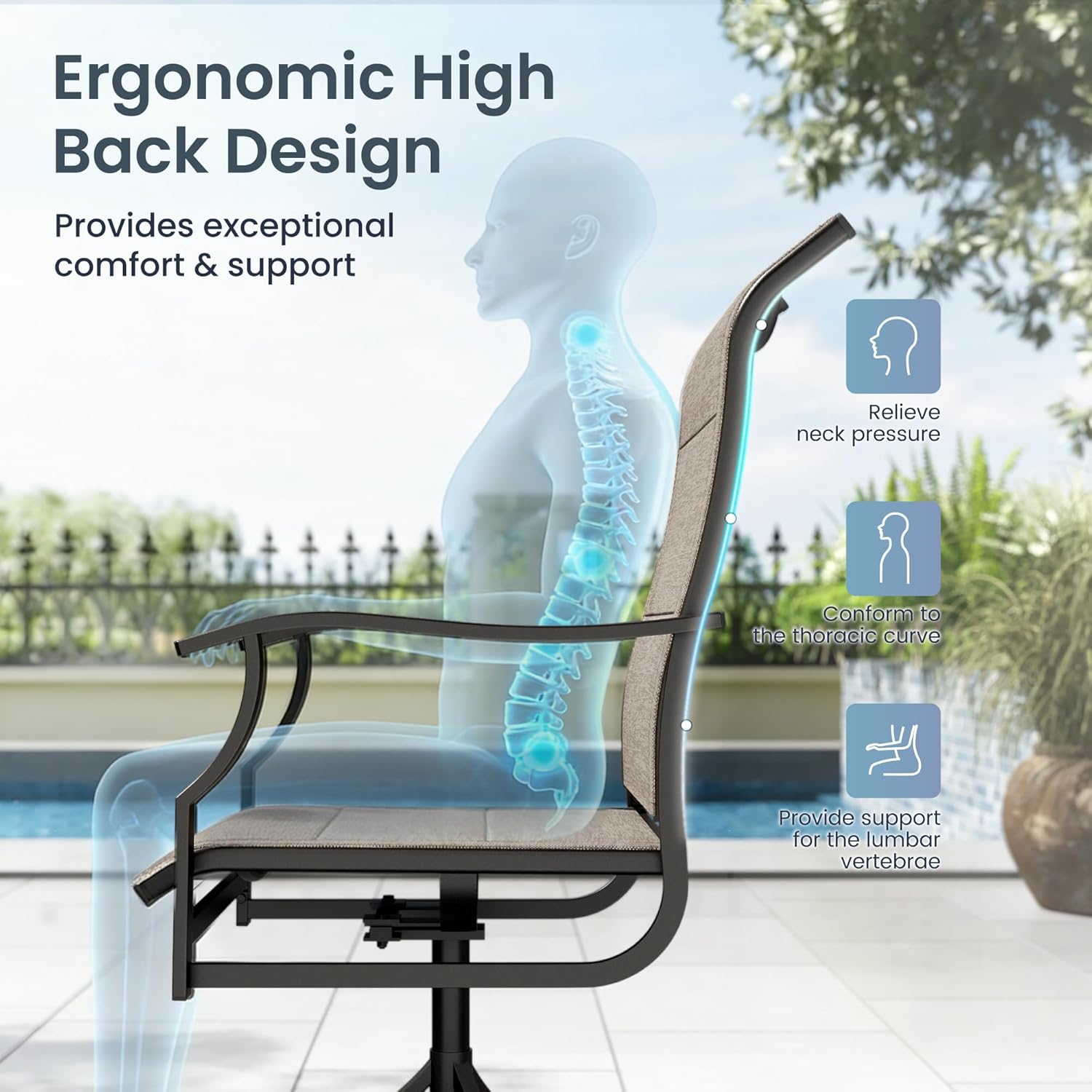 PHI VILLA 9 PCS Patio Dining Set for 8 Person, Padded High Back Outdoor Swivel Chairs and Large Metal Table, Patio Table and Chairs Set for Outdoor Deck Lawn Garden