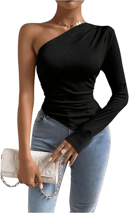MakeMeChic Women's Rib Knit One Shoulder Ruched Tee Tops Asymmetrical Long Sleeve