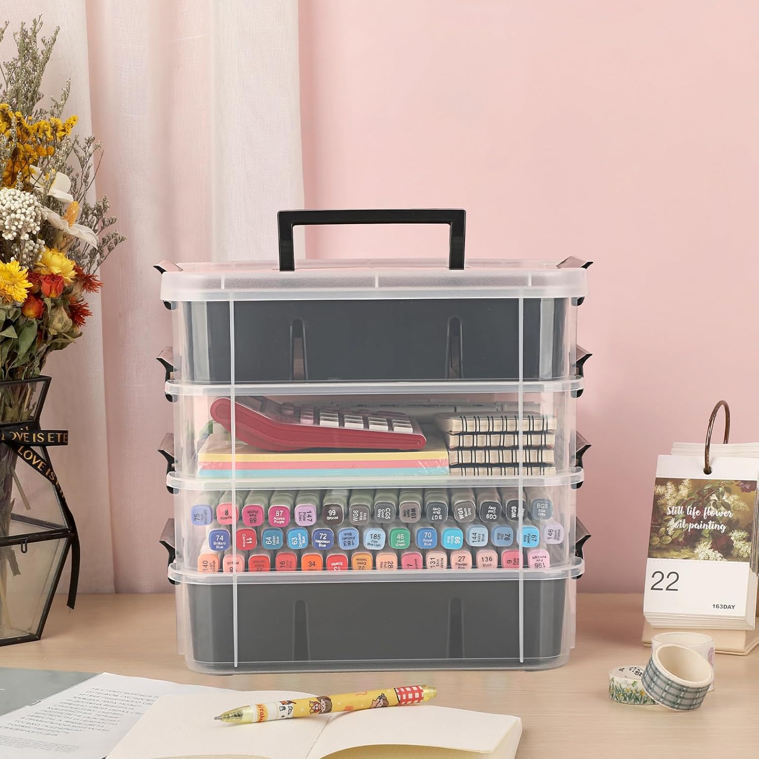 BTSKY 4-Layer Plastic Craft Storage Container with 2 Removable Tray, Stackable Art & Craft Supply Storage Organizer Multipurpose Portable Sewing Box for Bead Tool Office Supplies-10.2"x7.1"x9.9",Black image 6 of 8 B0DQTFT1N1