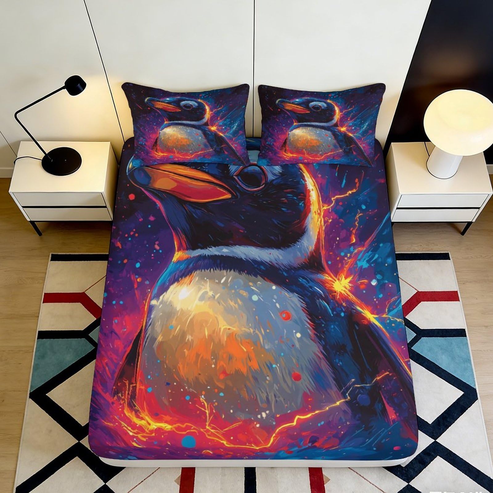 3D Printed Vibrant Penguin Art Fitted Sheet Microfiber Soft Bedroom Decor Splash Mattress Cover for Home Guest Room 90x200x25cm