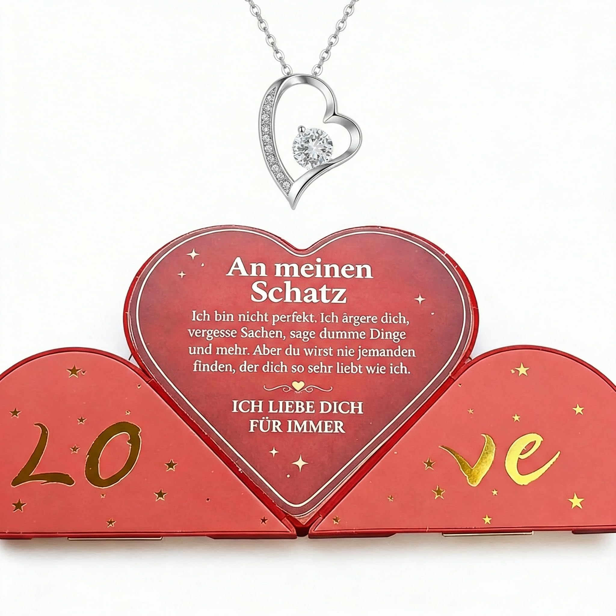 Geschenk für Freundin Frau - Herzförmige Box mit Ewiger Rose & Silber Herzkette, Schmuck Geschenkidee mit Liebesbotschaft für Geburtstag, Jahrestag, Valentinstag & Weihnachten