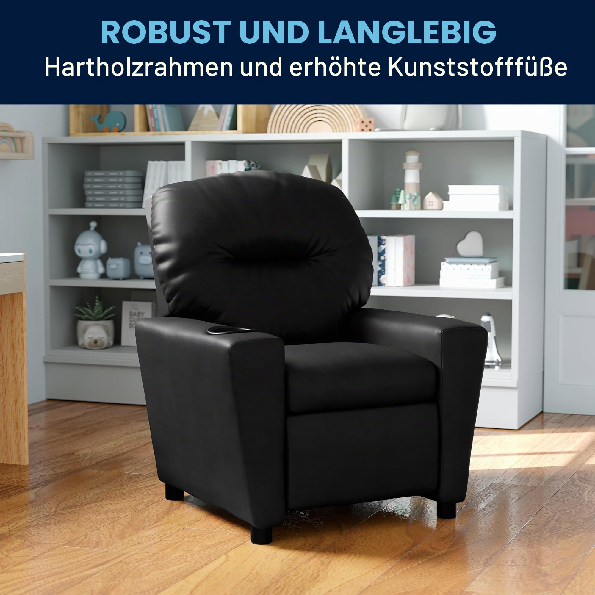 Flash Furniture Contemporary Kids Recliner with Cup Holder, Leather, Black LeatherSoft, Set of 1