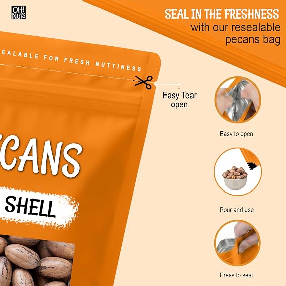 Oh! Nuts Pecans in Shell - Raw - 100% Natural - 2 lb - High-Protein Pecans - Packed in New York Zip-Seal Bag for Exceptional Freshness