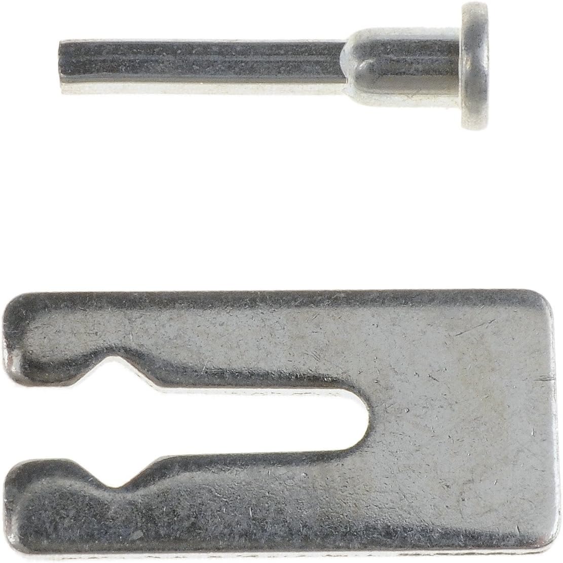 A dalt view of the Dorman 03374 Cable Tip Repair Kit components, showing the U-shaped metal piece and the cylindrical pin from above.