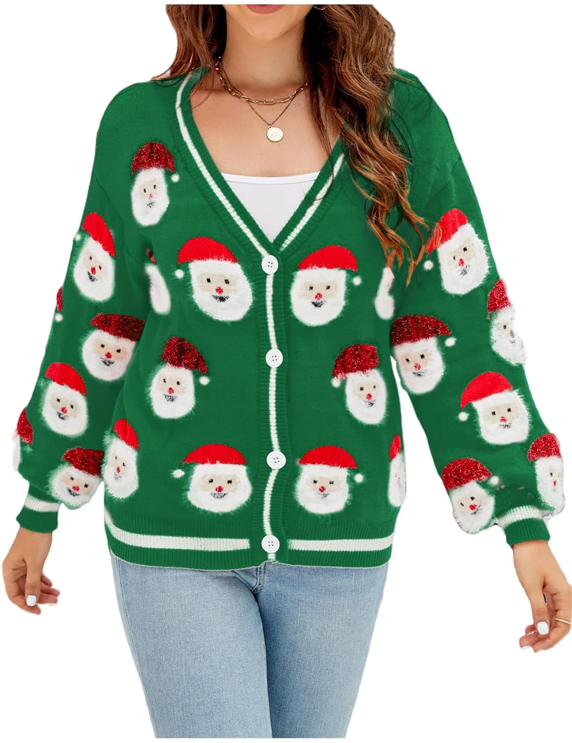 Wyeysyt Ugly Christmas Sweater Women Christmas Cardigans Sweater Open Front Button Down Long Sleeve Knit Xmas Sweater