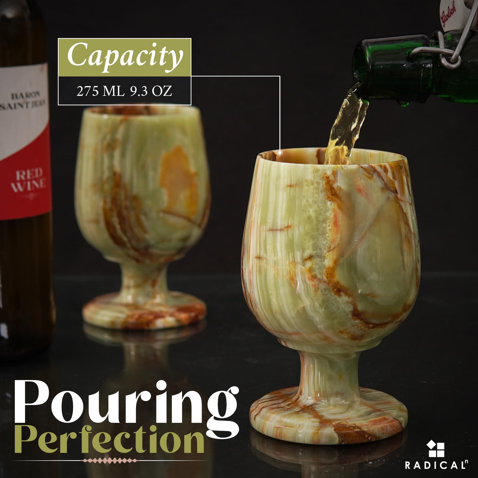 Copas de vino de mármol de 5 pulgadas hechas a mano con ónix verde, elegantes copas de vino sin tallo, juego de 2 para vino tinto y blanco, ideales para decoración de bares 6