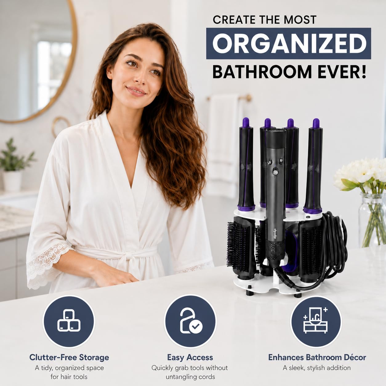 Soporte para accesorios para secador de pelo, organizador de encimera de baño para accesorios de secador de pelo