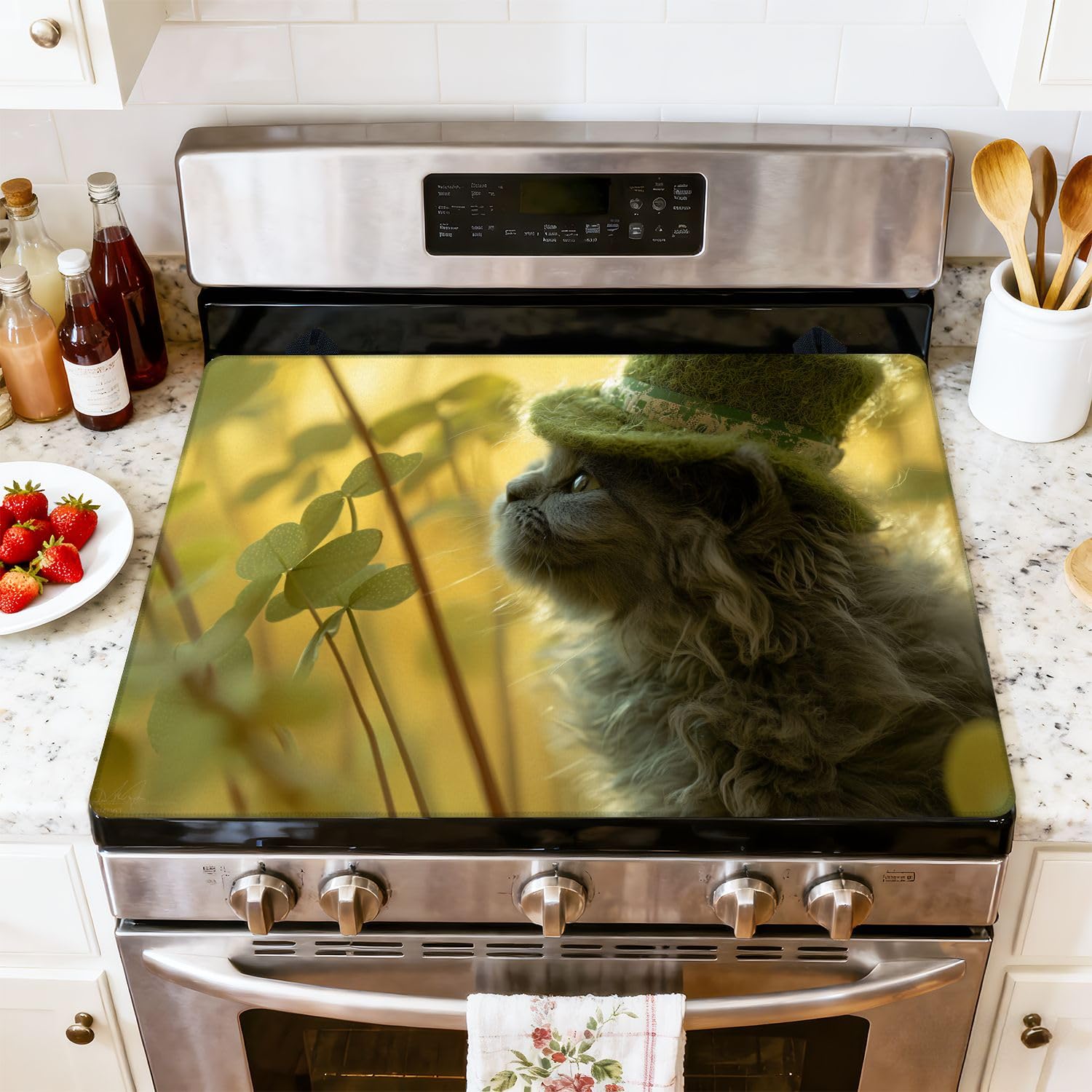 Stove Top Cover for Electric Stove Joyful Gray Kitten Clover Hat Sunny Pastel Scene Heat Resistant Glass Cooktop Protector Flat Top Oven Cover Mat Prevent Scratching 28" x 20"