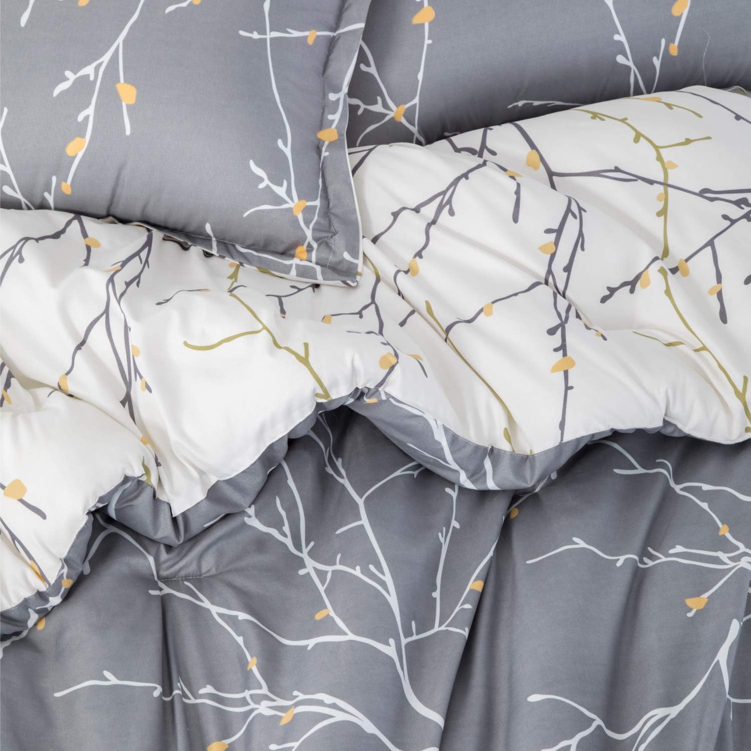 Bedsure Comforter Set Queen Size, Reversible Down Alternative Comforter Microfiber Duvet Insert Sets (1 Comforter + 2 Pillow Shams), Tree Branch Floral, Grey&Ivory