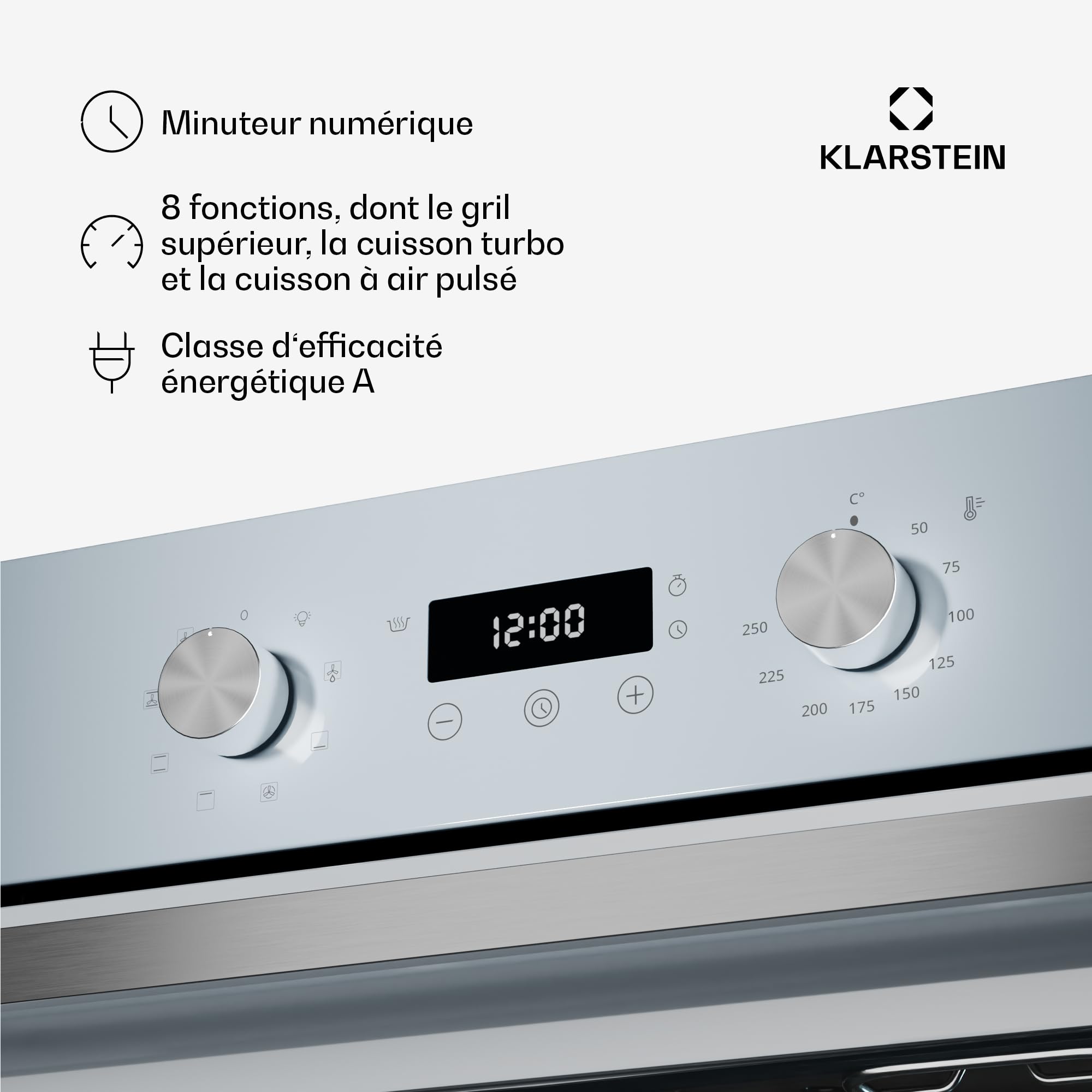 Klarstein SpaceSmart Four Encastrable Chaleur Tournante - 41 L, 8 Fonctions, Minuterie Numérique, Nettoyage Vapeur, Porte Amovible, Classe Énergétique A, Design Compact