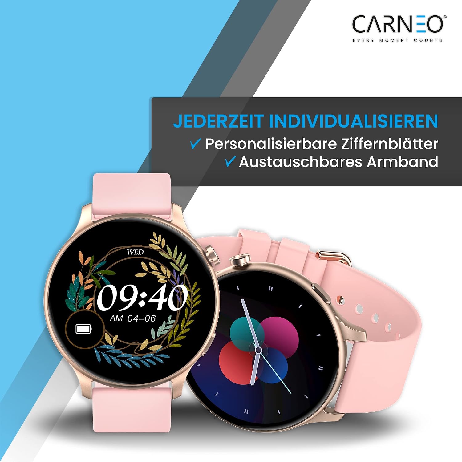 Two Carneo smartwatches showing different customizable watch faces
