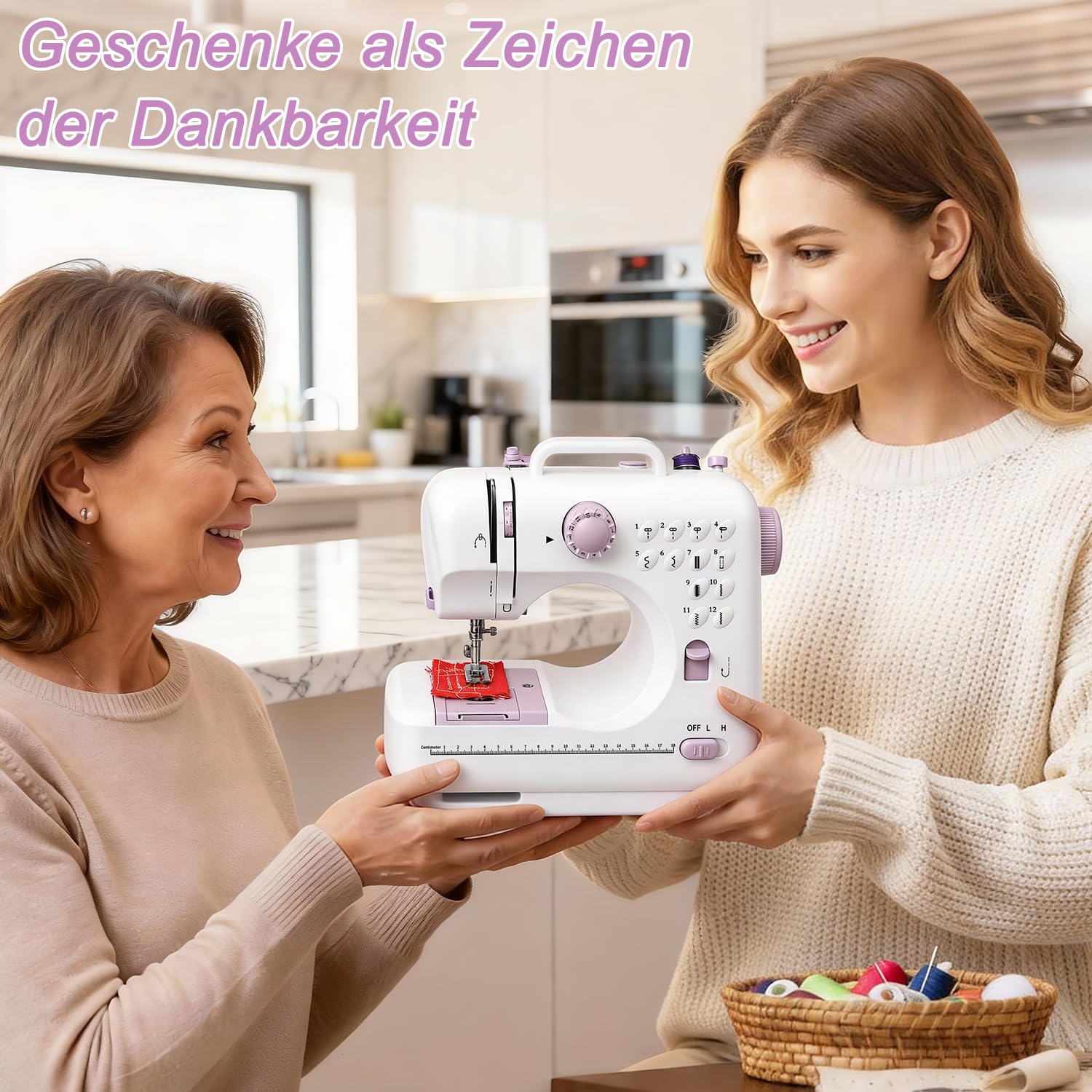 Nähmaschine Anfänger mit 12 Stichmustern Nähzubehör-Set Nähmaschine Elektrisch mit 42 Teilen Zubehör, Leicht Tragbar für DIY & Handarbeit - für Kinder & Erwachsene (Lila/Weiß)