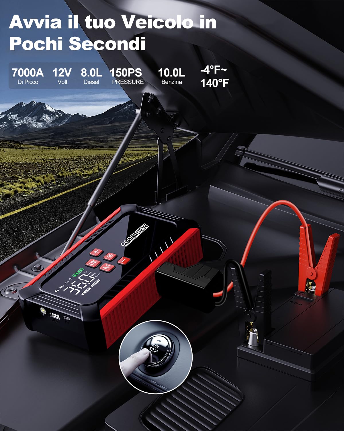 Booster Avviamento Auto con Compressore,Avviatore Batteria Auto 7000A,12V Starter Batteria Auto (8.0L Diesel/10.0L Benzina),Booster Batteria Auto Portatile con Torcia a LED, Display LCD
