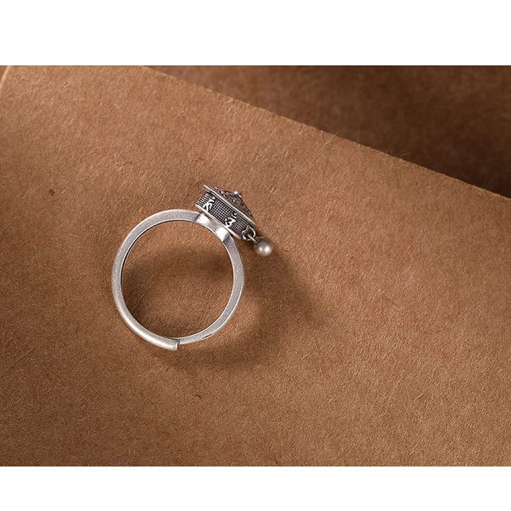Verstellbarer chinesischer Stil Distressed - S925 Retro mit Charm Joint Ring, Gebetsradring, einzigartig für Sich/Selbst sechs (weißes Sixcharacter Mantra)