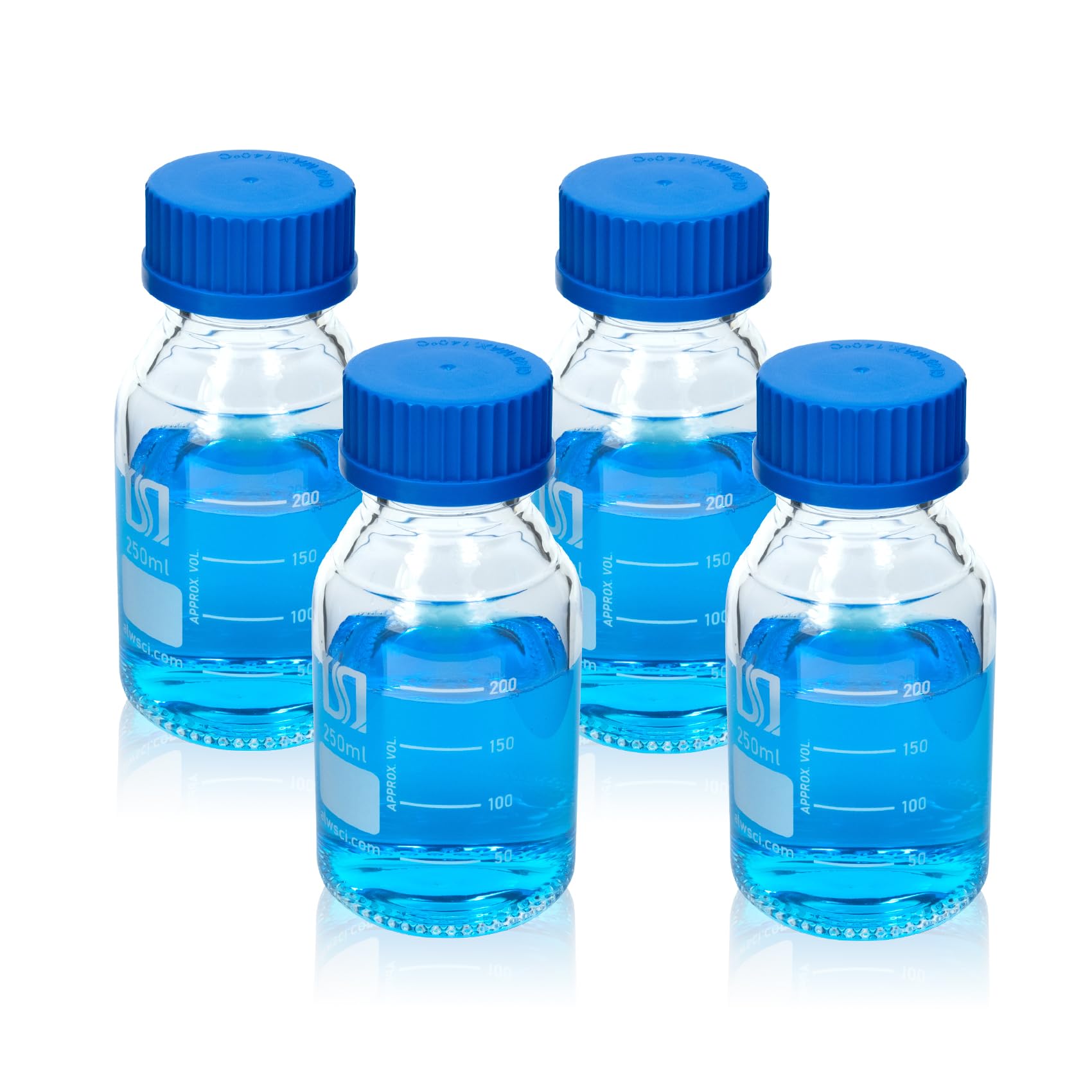 ALWSCI Butelka laboratoryjna o pojemności 250 ml, z szeroką szyjką, szklana butelka na media z nakrętką GL 45, szkło borokrzemowe 3,3, 4 sztuki w opakowaniu
