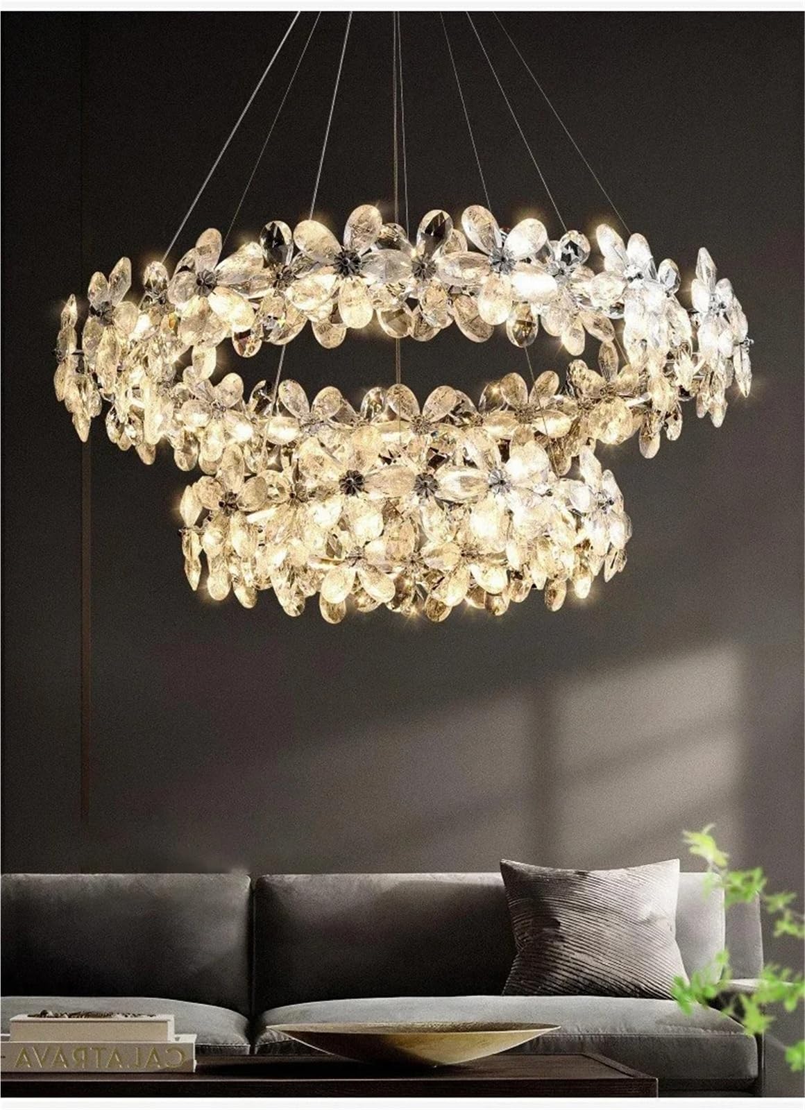 Francuski kwiatowy kryształowy żyrandol LED, nowoczesny i regulowany, eleganckie kryształowe zawieszenie (3 regulowane światła, średnica 80 x 50 cm)