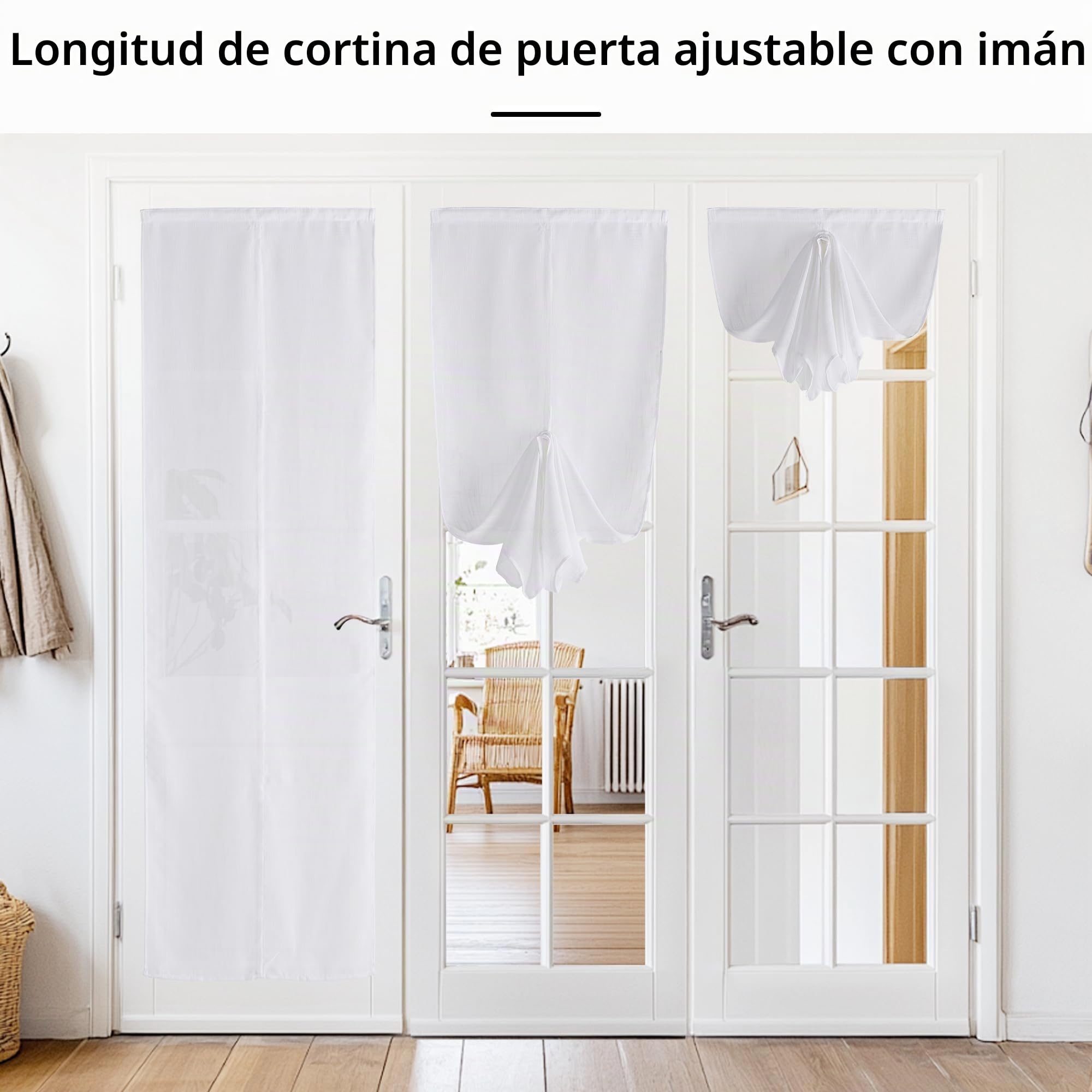 PONY DANCE Cortina Puerta Translucida con Adhesivas Magnético Visillos Cortina Efecto Lino Puertas de Cocina, Salón, Patio, Blanco, 2 Piezas
