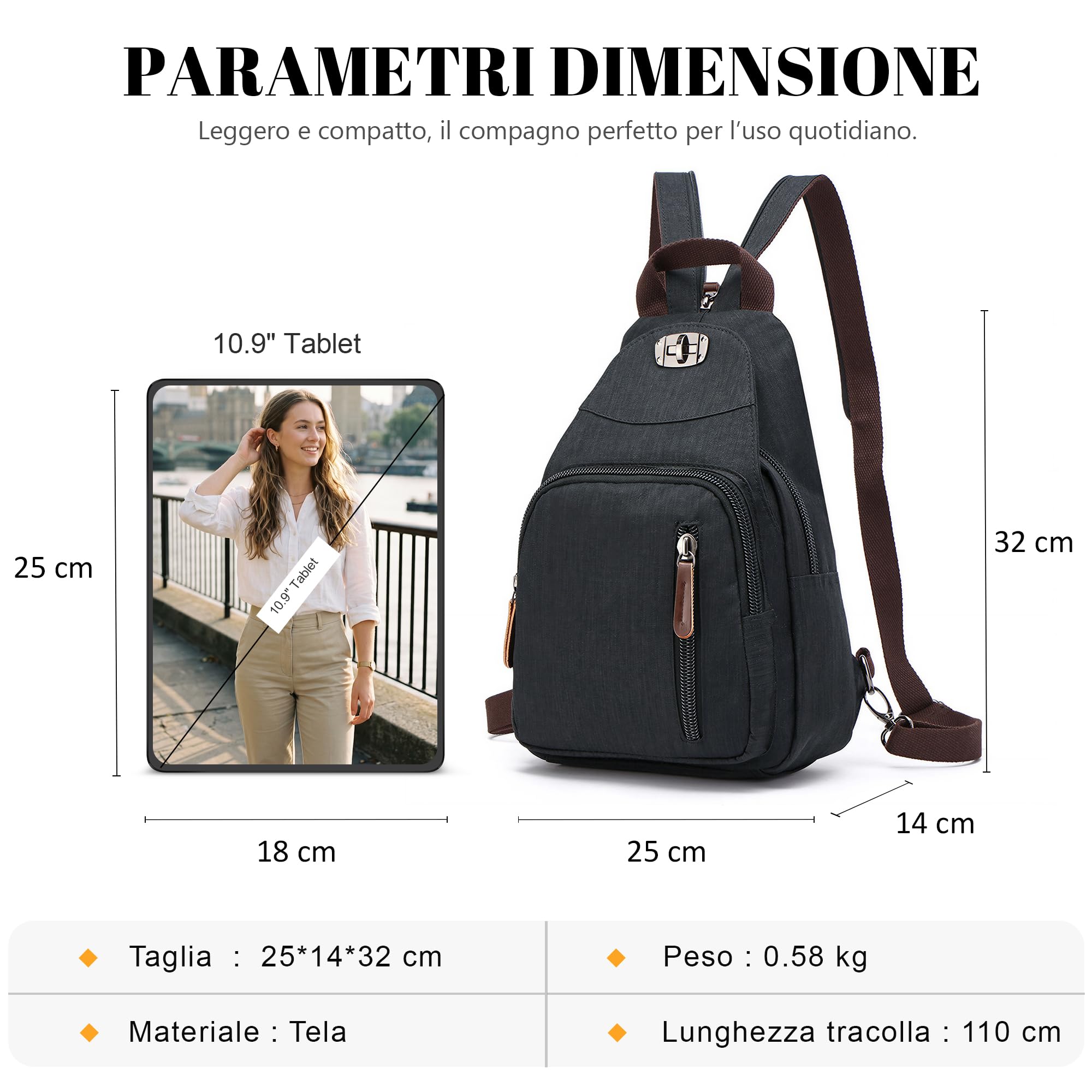 Borsa Tracolla Donna Zaino Borsa Sul Petto Antifurto Leggero Impermeabile Crossbody Bag Per Sportiva Ciclismo Viaggio Nero