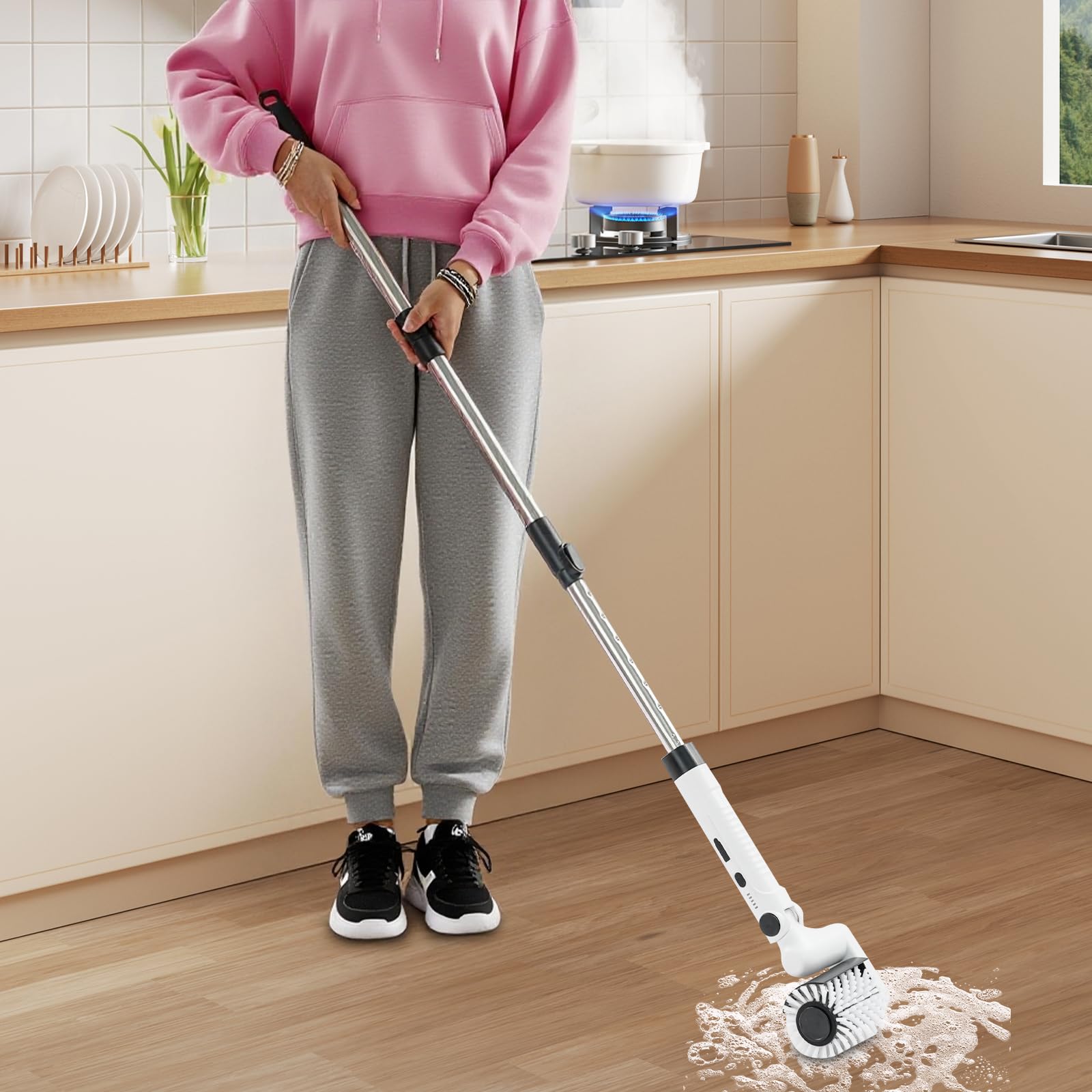 Cepillo de limpieza eléctrico, 90-180 ° cepillo de limpieza eléctrico con 4 cabezales versátiles para limpiar suelos, ventanas, baños, muebles