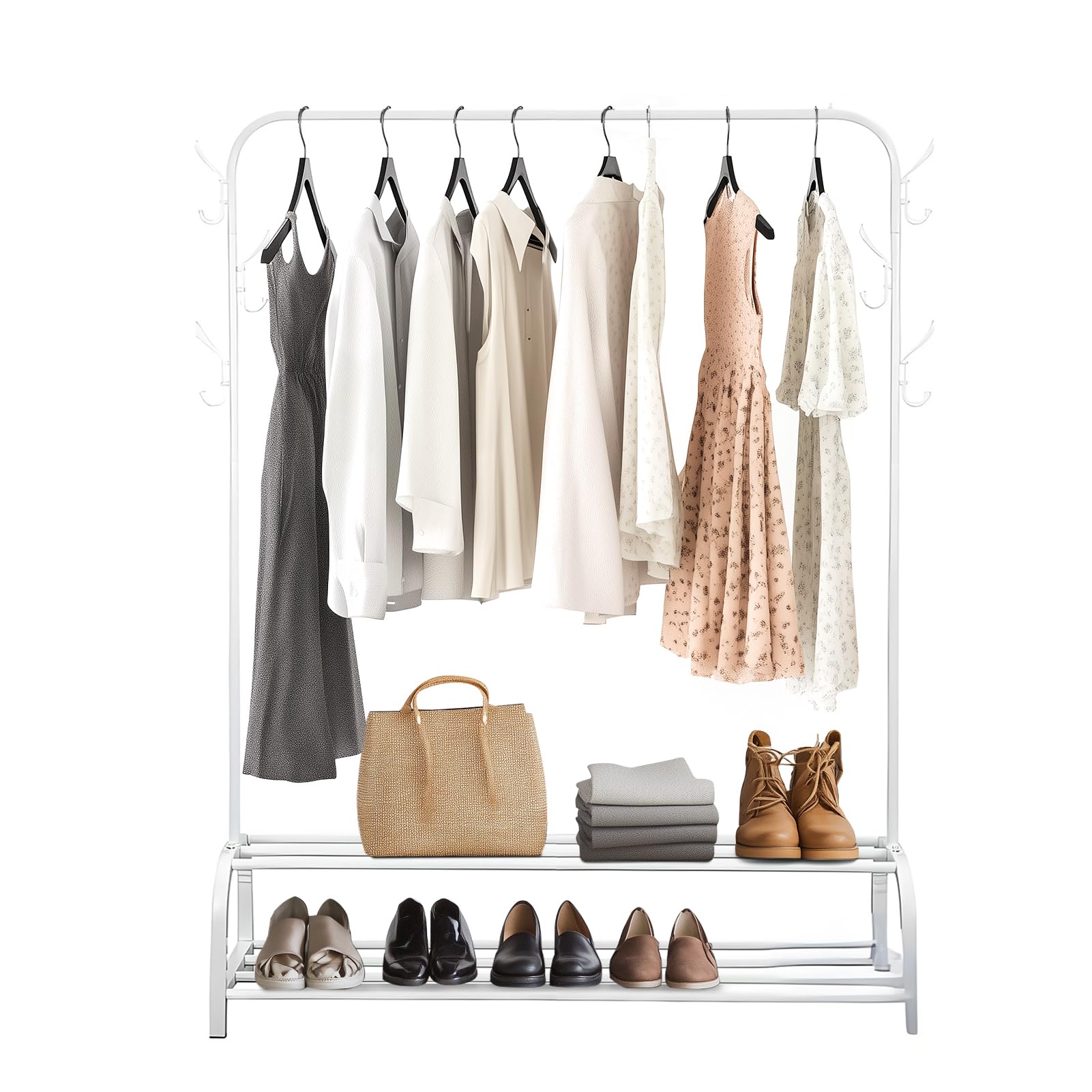 Holdfiturn Clothes Rail Metal Clothing Garment Rack 110x33x150cm Clothing Rail for Bedroom Coat Rail with 2 tier Bottom Shoe Storage Rack Clothes Hanging Rail for Clothes (White)
