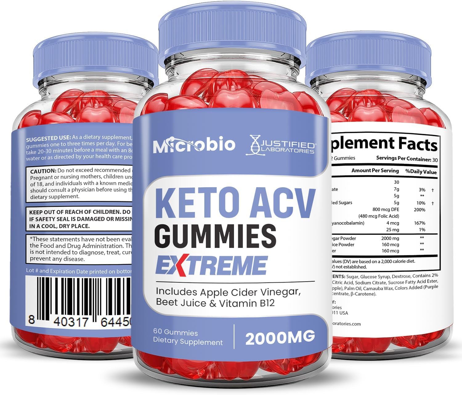 Justified Laboratories Microbio Keto ACV Gummies Extreme 2000MG Micro Bio Keto Gummies Apple Cider Vinegar Formulated with Pomegranate Beet Juice Powder B12 Vegan Non GMO 60 Gummys