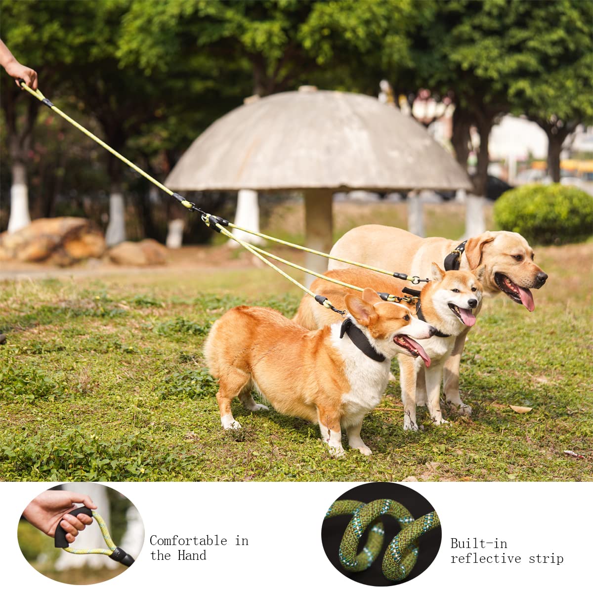 Laisse pour chien 3 en 1 en nylon durable avec poignée rembourrée, pivotante à 360 °, corde d'escalade amovible, corde de traction amovible pour chiens de moyenne et grande taille, vert et
