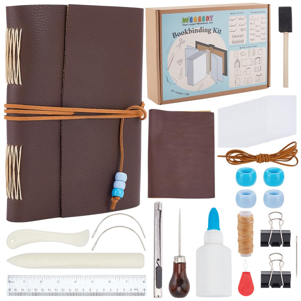 WEBEEDY Kit de Fabrication de Livre en Cuir DIY avec Reliure Longue à Points de Croix Journal en Cuir Véritable Fait Main Non Fini Carnet de Notes pour Hommes et Femmes 10x15cm