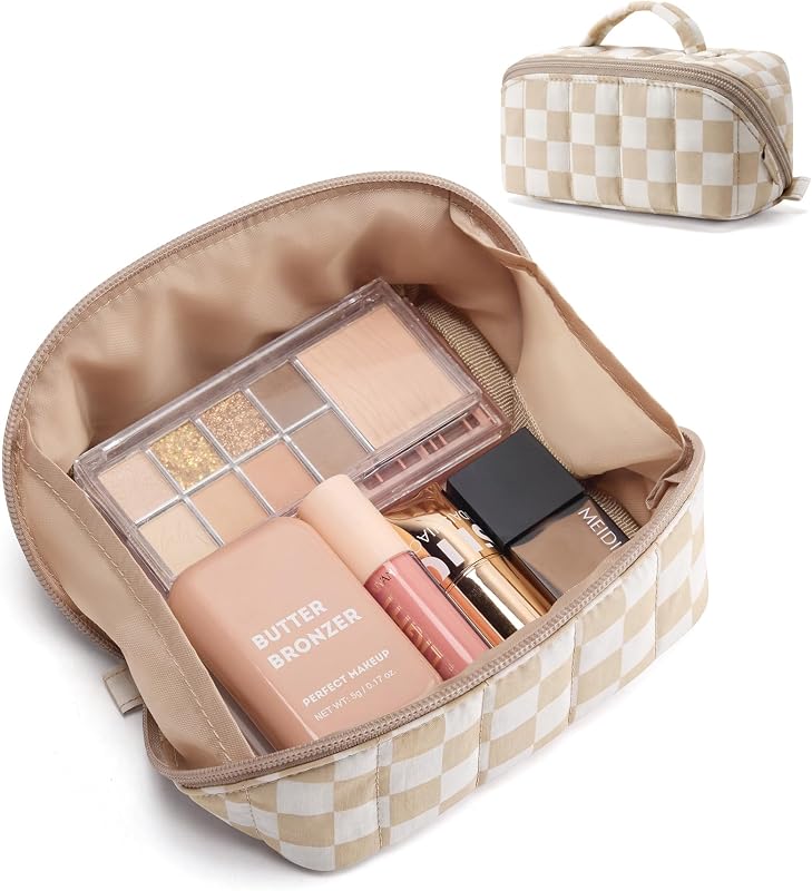 Necessaire pequena BAGSMART com zíper, estampa geométrica xadrez cáqui, 14,99 cm x 7,87 cm x 7,87 cm