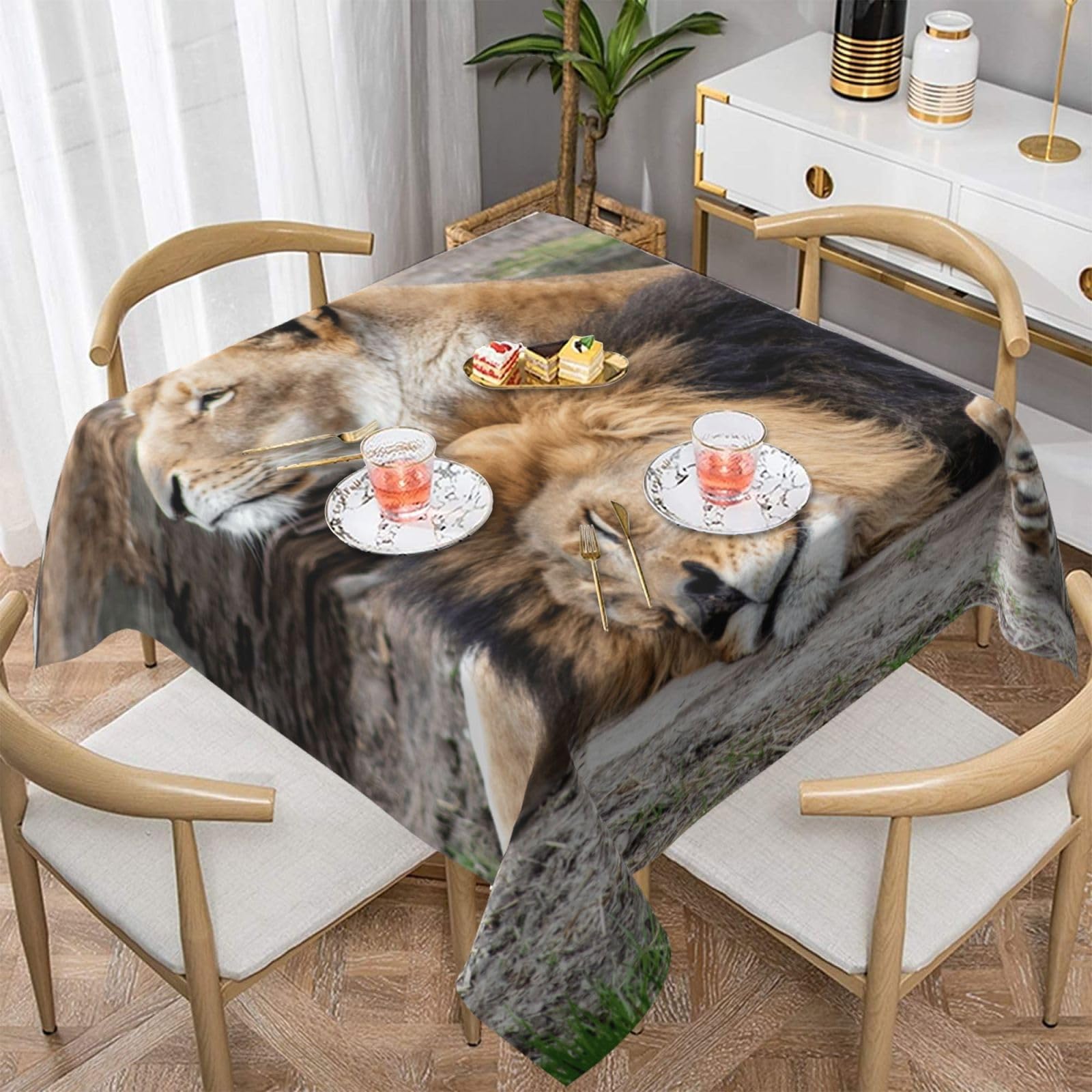 DCEHGEW Two Lions Prints Square Tablecloth 137x137 CM, Waterproof Fabric Table Cloth for Dining Table, Farmhouse Table Cover for Kitchen Dining Tabletop Decoration